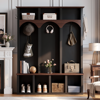 Sunvega Farmhouse Style Arched Entryway Storage Bench with 5 Hooks and 7 Cubbies