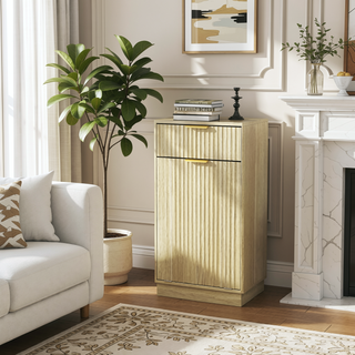 Sunvega Woodgrain Tilt-Out Trash Can Cabinet with Hideaway Drawer and Pull-Out Bin