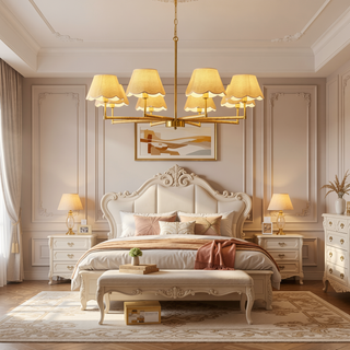 Sunvega Gold Finish 6-Light Rope and Fabric Shade Chandelier Pendant Lamp