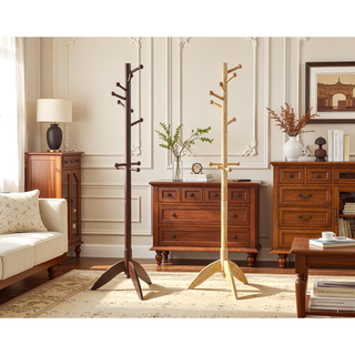 Sunvega Dark Brown Finish 7 Tiers 11 Hooks Solid Wood Coat Rack Stand