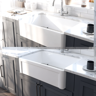 Sunvega 33 Inch White Porcelain Ceramic Farmhouse Kitchen Sink Workstation with Reversible Apron