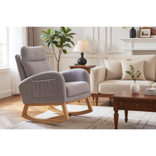Sunvega Teddy Fabric Rocking Chair With Wood Legs For Living Room And Bedroom
