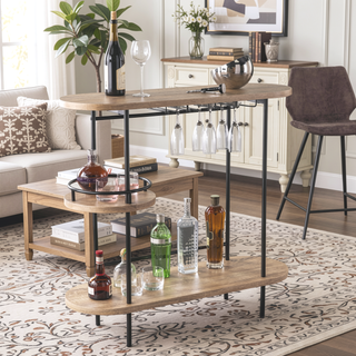 Sunvega Natural and Black Finish Bar Table with Glassware Storage and Shelves