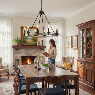 Sunvega Black Metal and Wood 10-Light Vintage Farmhouse Chandelier for Dining Room