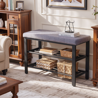 Sunvega 3-Tier Entryway Shoe Rack Bench with Comfortable Linen Cushion and Metal Mesh Shelves