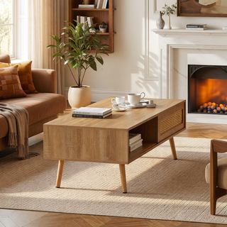 Sunvega Rattan Woven Coffee Table with Sliding Door Storage and Solid Wood Legs