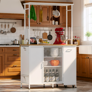 Sunvega White Kitchen Island with Foldable Dining Bar and Large Storage Cabinet