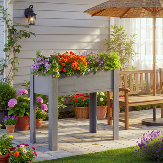 Sunvega Natural Solid Wood Raised Garden Bed with Legs for Outdoor Plants Flowers Fruits Vegetable Herb Growing
