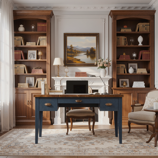 Sunvega Blue Denim and Whiskey Writing Desk with Drawers No Assembly Required