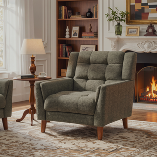 Sunvega Mid-Century Modern Armchair with Tufted Waffle Stitch and Tapered Brown Legs