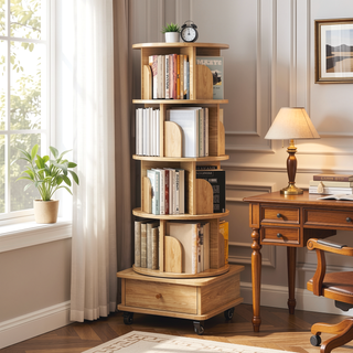 Sunvega 360° Rotating Bookshelf with Wheels and Drawer for Space-Saving Storage
