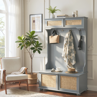 Sunvega Hall Tree Storage Bench with Rattan Door and Shoe Rack for Entryway