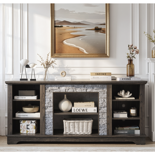 Sunvega Modern Faux Stacked Stone Mantel TV Media Stand with Open Storage