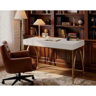 Sunvega White High Gloss Vanity Desk with Gold Finish and 2 Storage Drawers