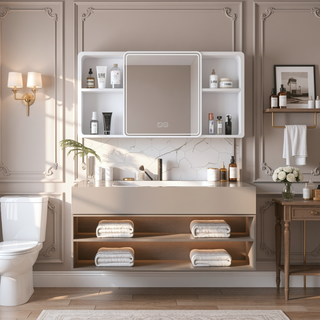 Sunvega Aluminium Medicine Cabinet Mirror with LED Light Defogging Function Cosmetic Storage Rack