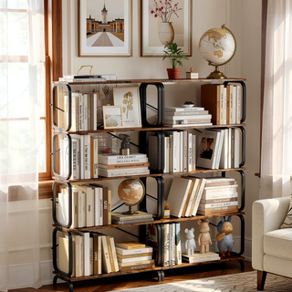 Sunvega Vintage Industrial Style 5 Tier Large Bookcase with White Metal Frame for Living Room