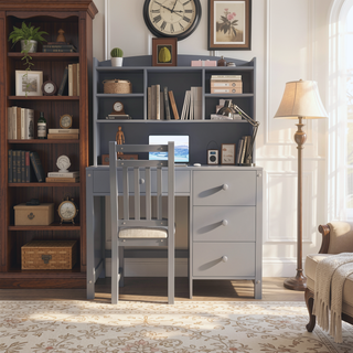 Sunvega Vintage 40 Inch Executive Desk and Upholstered Chair Set with Bookshelf
