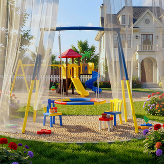 Sunvega Heavy-Duty A-Frame Metal Outdoor Swing Set with Saucer and Belt Swings