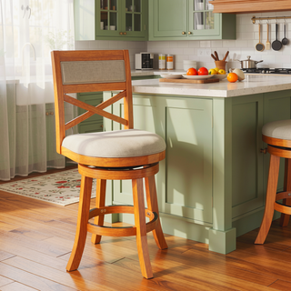 Sunvega 24 Inch Counter Height X-Back Swivel Stool with Beige Fabric Seat and Cherry Finish