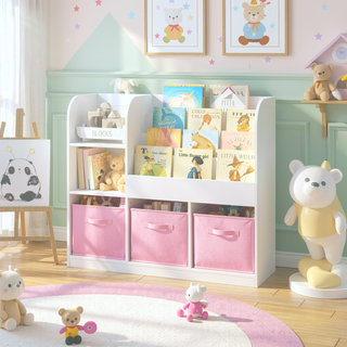 Sunvega Multifunctional 4 Tier Wooden Kids Bookshelf and Toy Storage Organizer with Display Stand