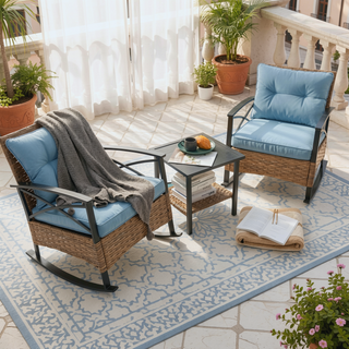 Sunvega 3pcs Rocking Rattan Chair Set with Side Table for Outdoor Relaxation