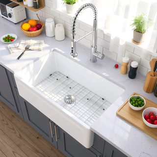 Sunvega 33 Inch White Porcelain Ceramic Farmhouse Kitchen Sink Workstation with Reversible Apron