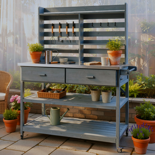 Sunvega Fir Wood Outdoor Potting Bench with Stainless Steel Top and Lockable Wheels