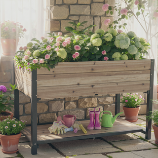 Sunvega Solid Wood Raised Garden Bed Planter Box with Legs and Storage Shelf