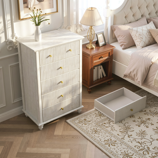 Sunvega Fluted 5 Drawer Dresser with Metal Handle and Wooden Top for Bedroom