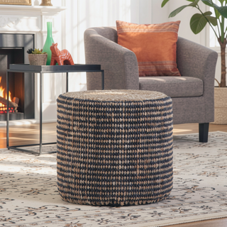 Sunvega Handcrafted Natural and Black Braided Jute Round Pouf with Polystyrene Filling