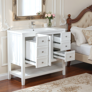 Sunvega 36 Inch Bathroom Vanity Cabinet Base with Drawers and Open Shelf in Black