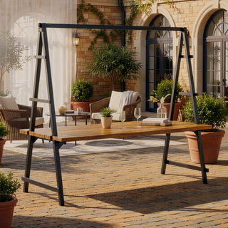 Sunvega Acacia Wood Dining Table with Plant Hanger Bar and Slatted Top