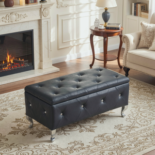 Sunvega Faux Leather Storage Ottoman Bench with Crystal Buttons for Bedroom Living Room