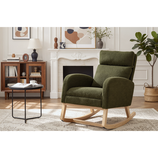 Sunvega Teddy Fabric Rocking Chair With Wood Legs For Living Room And Bedroom