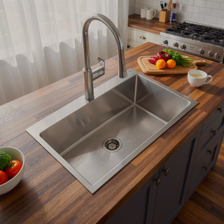 Sunvega 32x19 Inch Overmount Single Bowl Kitchen Sink in Brushed Nickel
