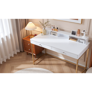 Sunvega White High Gloss Gold Finish Contemporary Vanity Desk with 2 Storage Drawers