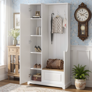 Sunvega Minimalist Hall Tree with Flip-Up Bench and Hanging Hooks for Entryways