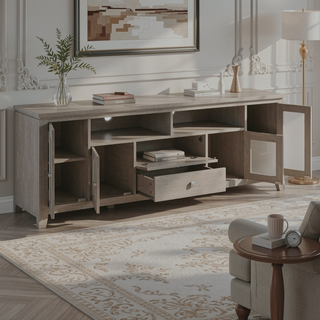 Sunvega Farmhouse Grey Solid Wood TV Media Stand with Glass Doors and Drawers