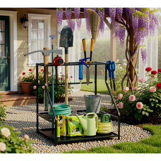 Sunvega 3-Tier Garden Tool Storage Rack with Hooks for Long-Handled Tools and Brooms
