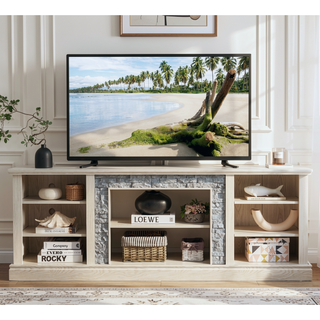 Sunvega 70.12" White Faux Stacked Stone Media Console with Large Storage Cabinet