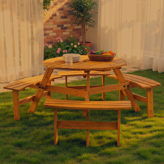 Sunvega Fir Wood Picnic Table with 2 Benches 75 Inch Dining Surface 2220lb Capacity