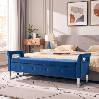 Sunvega Green Velvet Storage Soft Bench with Armrests for Living Room and Bedroom