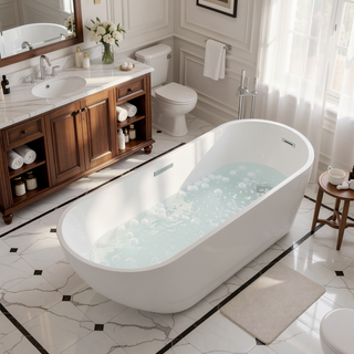 Sunvega 59 Inch Acrylic Freestanding Soaking Tub with Gold Overflow Drain