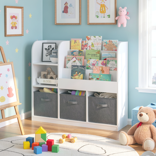 Sunvega Multifunctional 4 Tier Wooden Kids Bookshelf and Toy Storage Organizer with Display Stand
