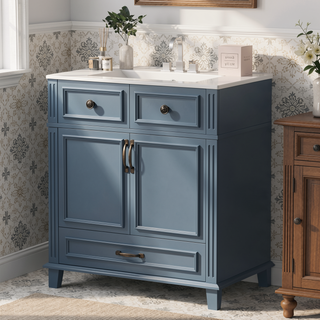 Sunvega Retro Blue Solid Wood Frame Bathroom Vanity with Ceramic Sink