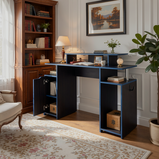 Sunvega Blue Accented Minimalist Gaming Desk with Elevated Monitor Shelf and Storage