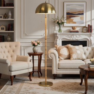 Sunvega Gold Brass and Natural Rattan Tube Allure 2-Light Floor Lamp with Pull Chain
