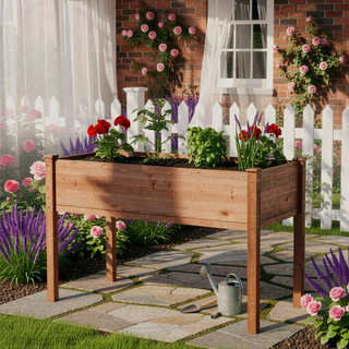 Sunvega Natural Solid Wood Raised Garden Bed with Legs for Outdoor Plants Flowers Fruits Vegetable Herb Growing
