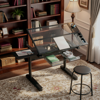 Sunvega Adjustable Height Drafting Table with Tiltable Tempered Glass Top and Stool