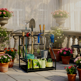 Sunvega 3-Tier Garden Tool Storage Rack with Hooks for Long-Handled Tools and Brooms